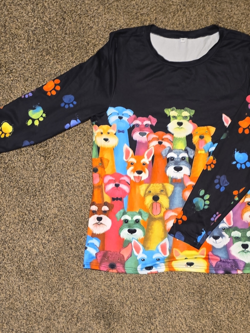 Multicolor Dog Paw Print Knit Long Sleeve Pullover Round Neck Women's Top M